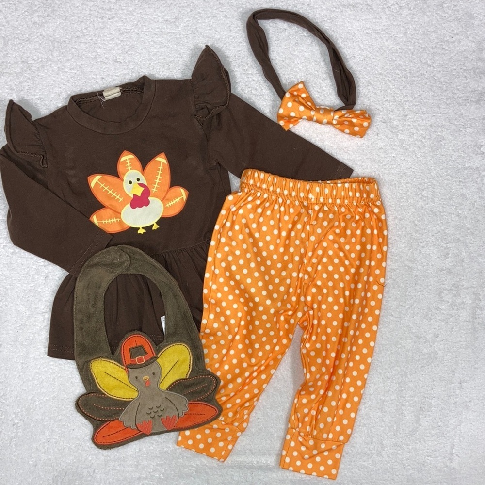 Thanksgiving 4 pc outfit with bib headband pants and top 6m